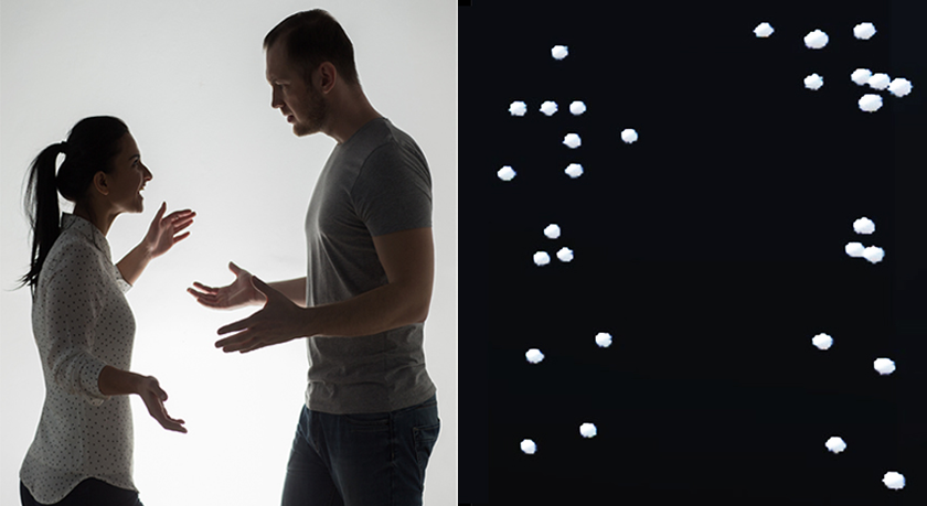 Bild 1: Darstellung emotionaler Interaktionen als Pointlight. Die linke Abbildung zeigt die Interaktion zweier Personen in Form von Foto- bzw. Videomaterial. Die rechte Abbildung zeigt die Interaktion in Form von Pointlight-Darstellungen. Bild 1: Darstellung emotionaler Interaktionen als Pointlight. Die linke Abbildung zeigt die Interaktion zweier Personen in Form von Foto- bzw. Videomaterial. Die rechte Abbildung zeigt die Interaktion in Form von Pointlight-Darstellungen.