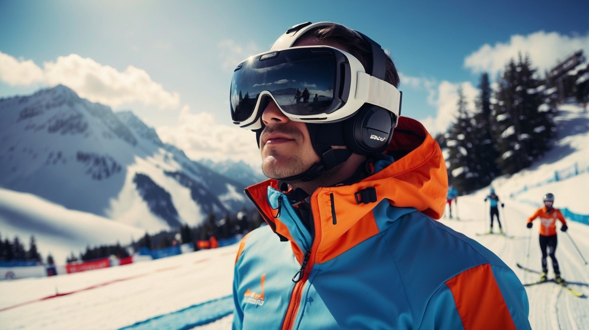 Abbildung 2: Ein alpiner Skifahrer nutzt Virtual Reality auf der Piste (KI-generiert).