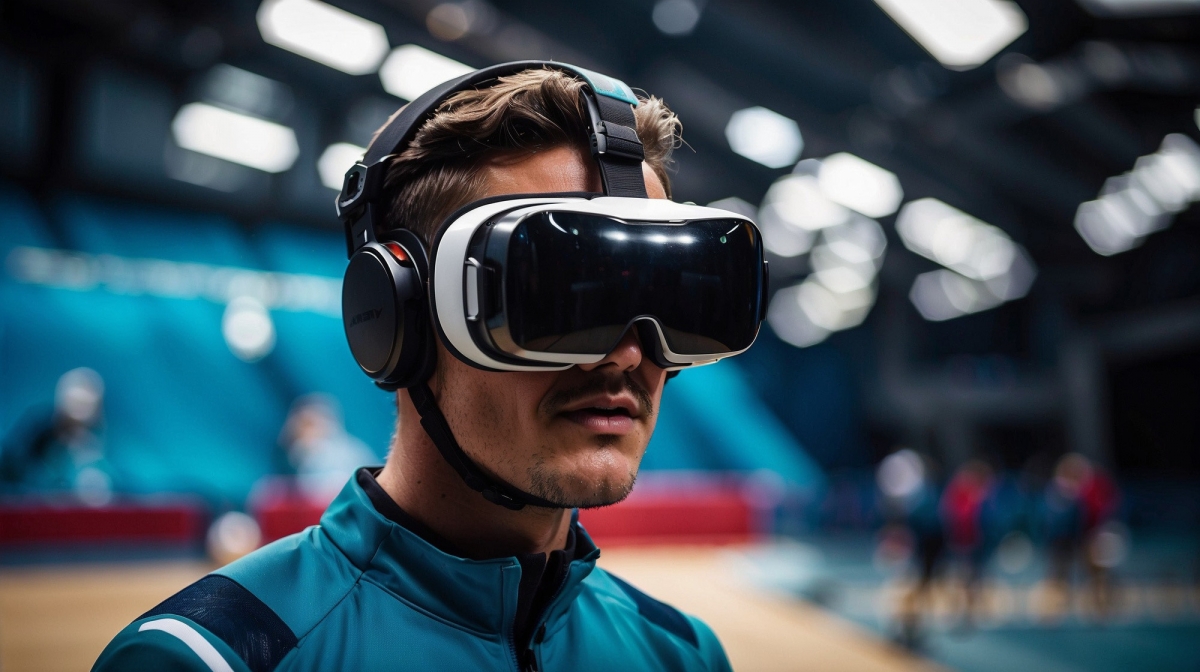 Abbildung 4: Ein olympischer Athlet nutzt Virtual Reality in einer Trainingshalle (KI-generiert).